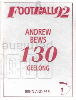 1992 Select AFL Stickers #130 Andrew Bews Back